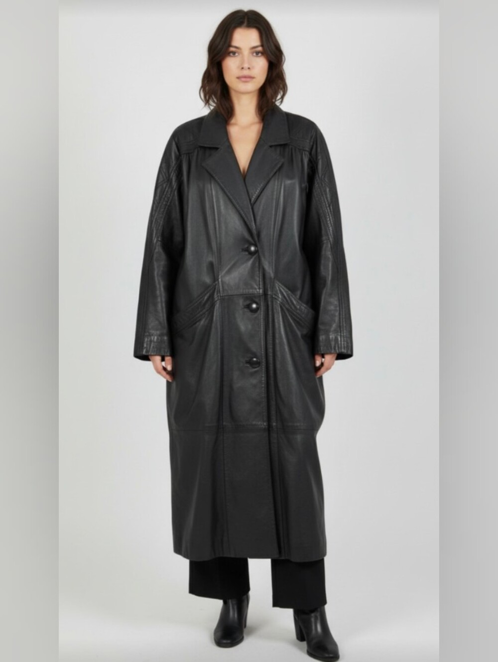 DONNA PELLE! LUXE BLACK GENUINE LEATHER DRAPEY, FULL, MAXI LENGTH COAT! SZ M